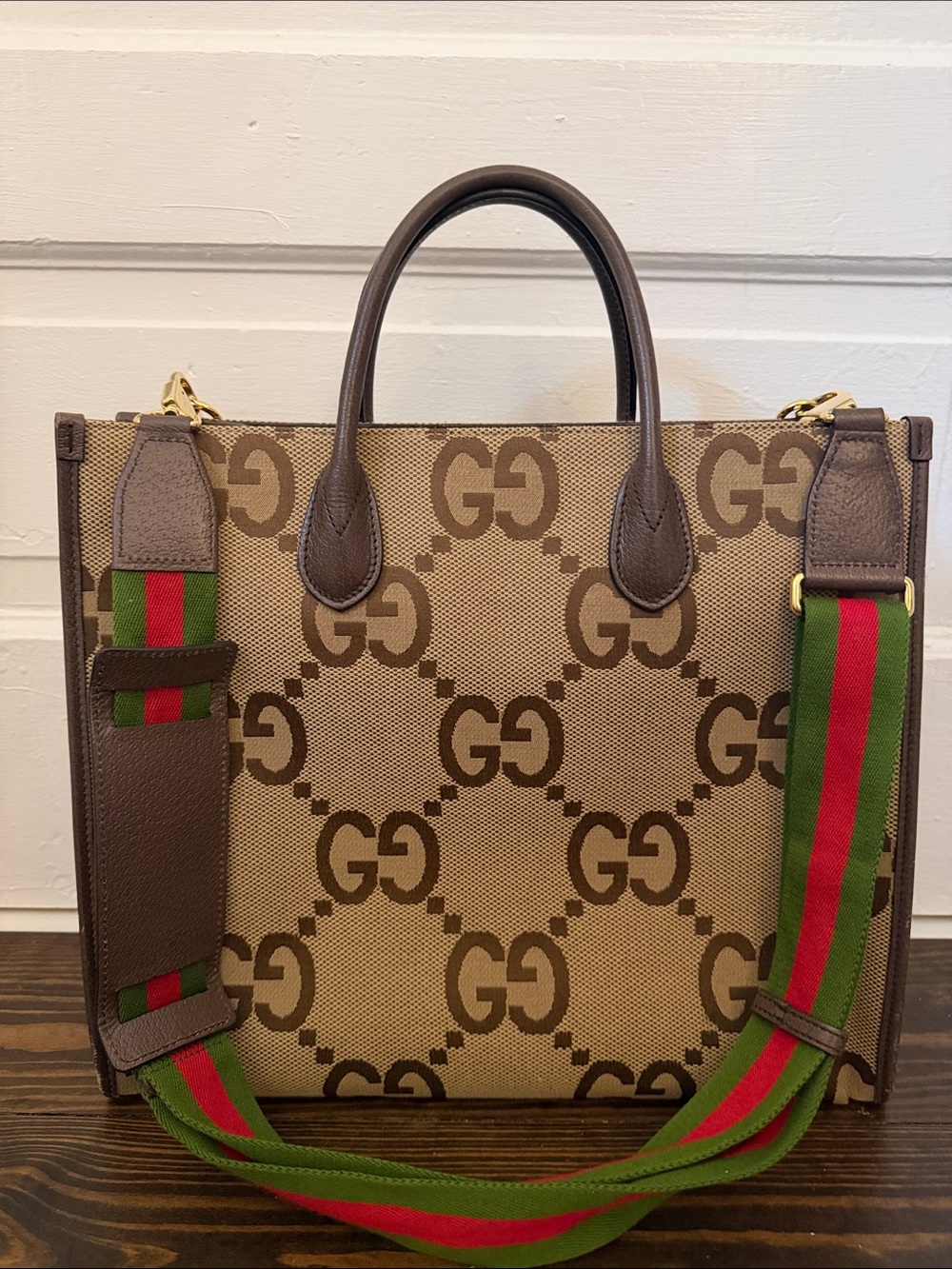 Gucci Brown GG Canvas Tote with Green and Red Web Strap with dust bag!